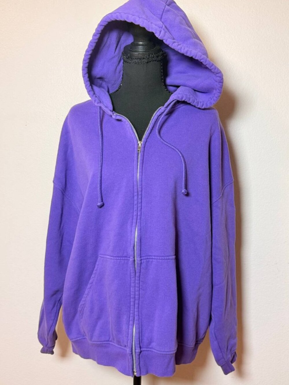 Oversized Zip Up Hoodie Purple Violet Y2K Streetwear Drop Shoulder Sweatshirt XL